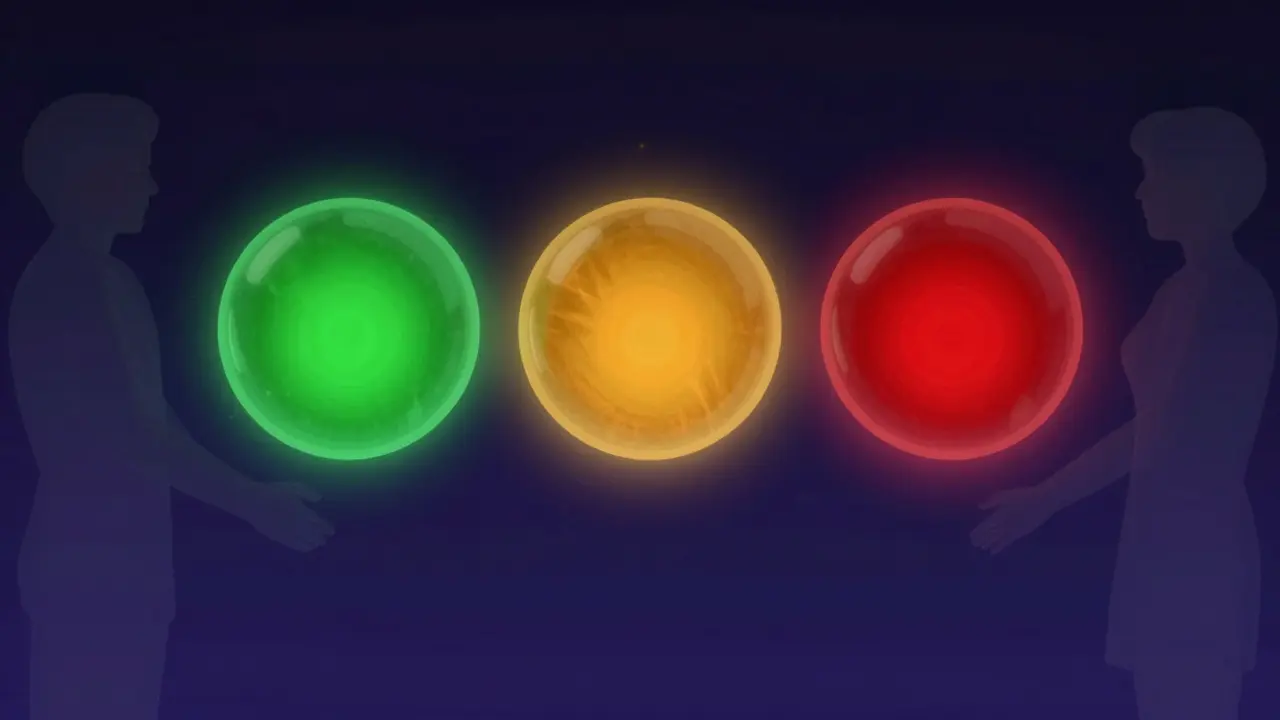 Abstract art showing green, yellow, and red orbs symbolizing consent