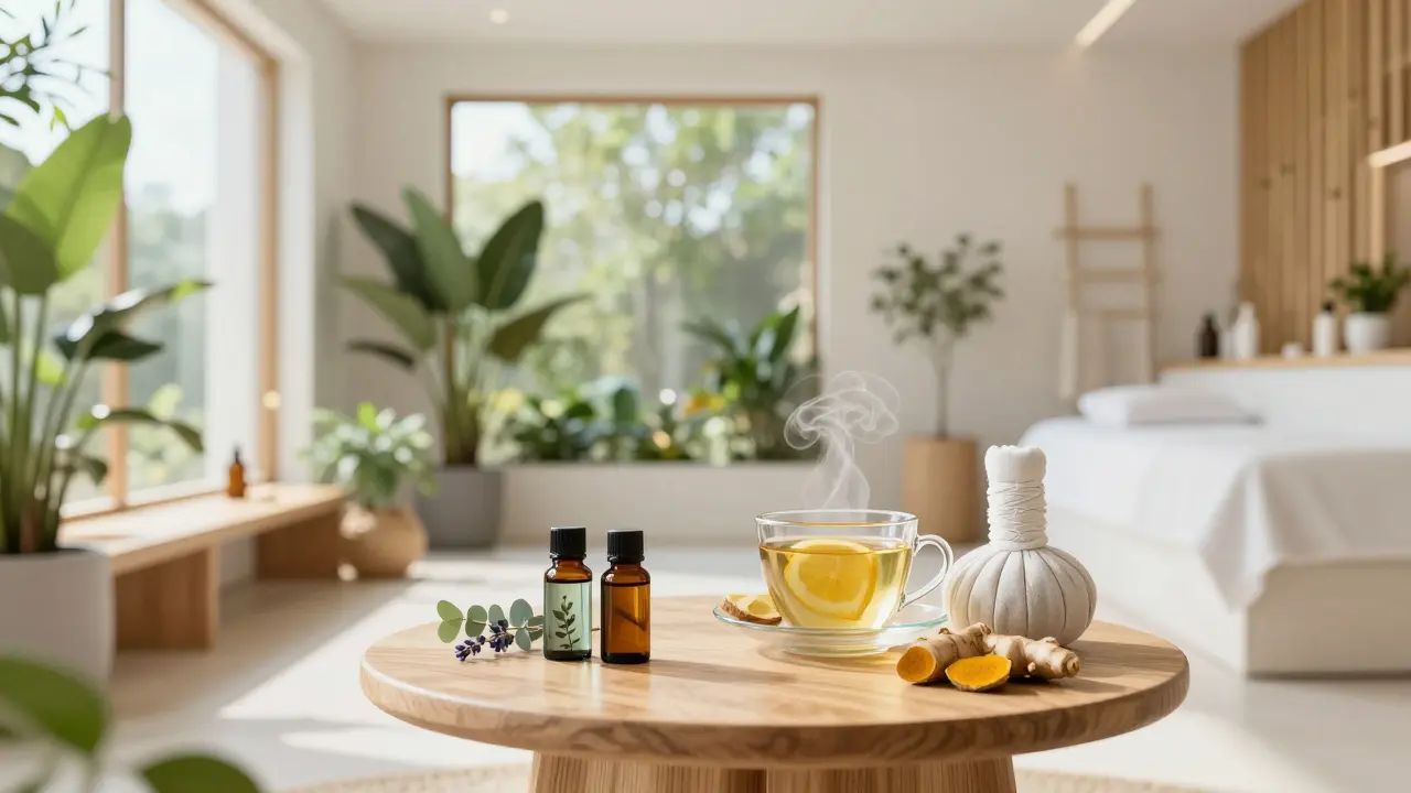 Bright eco-friendly spa with essential oils, plants, and herbal tea