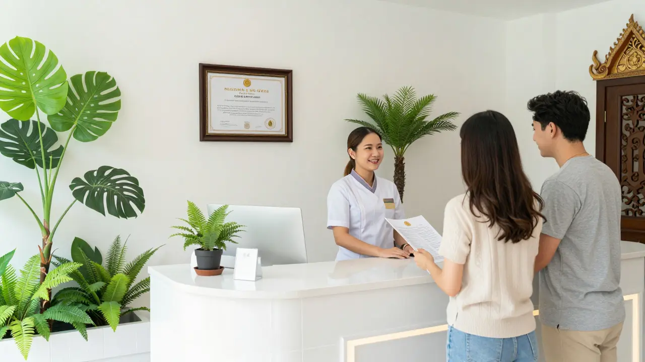 Bright, professional Thai spa reception with visible license and tropical decor.