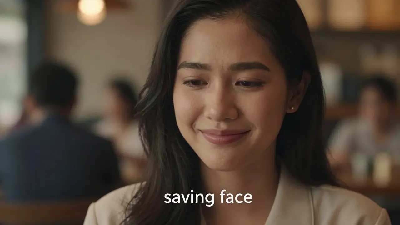 Close-up of a Thai woman's subtle, polite smile in a dimly lit setting