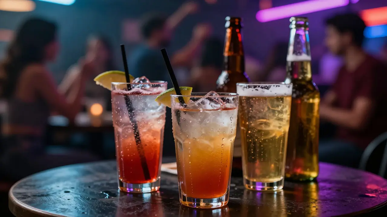 Close-up of cocktails on a table in a dimly lit, energetic nightclub