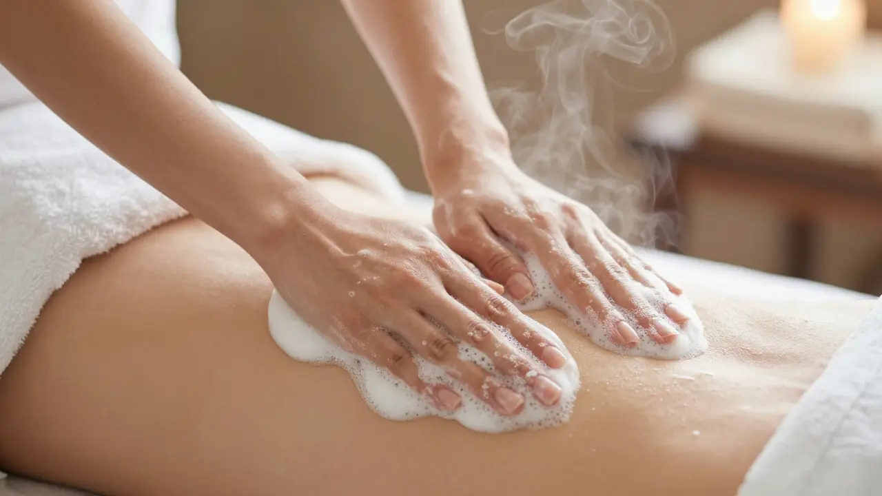 Close-up of hands applying soap suds during a Thai massage