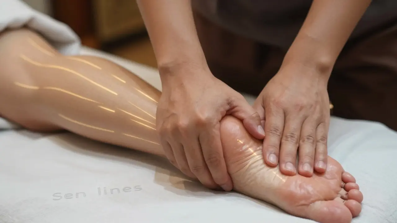 Close-up of hands performing Thai acupressure and stretching techniques