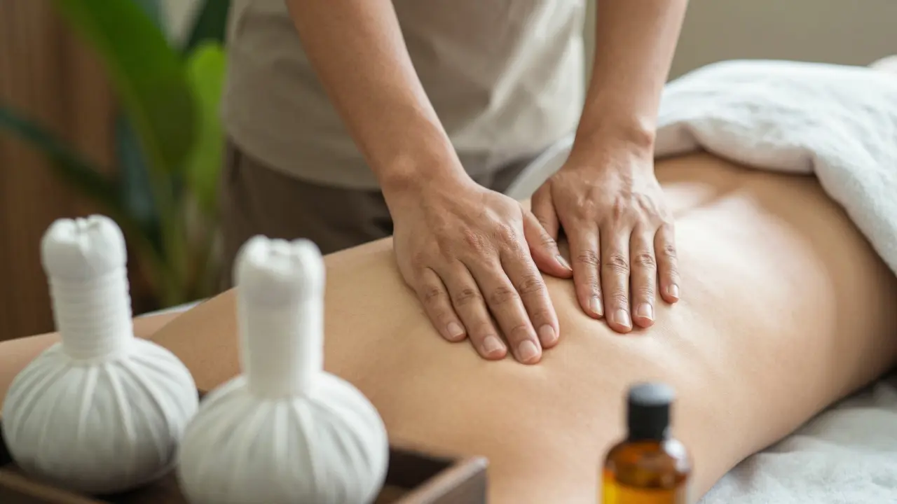 Close-up of hands performing traditional Thai massage technique on client