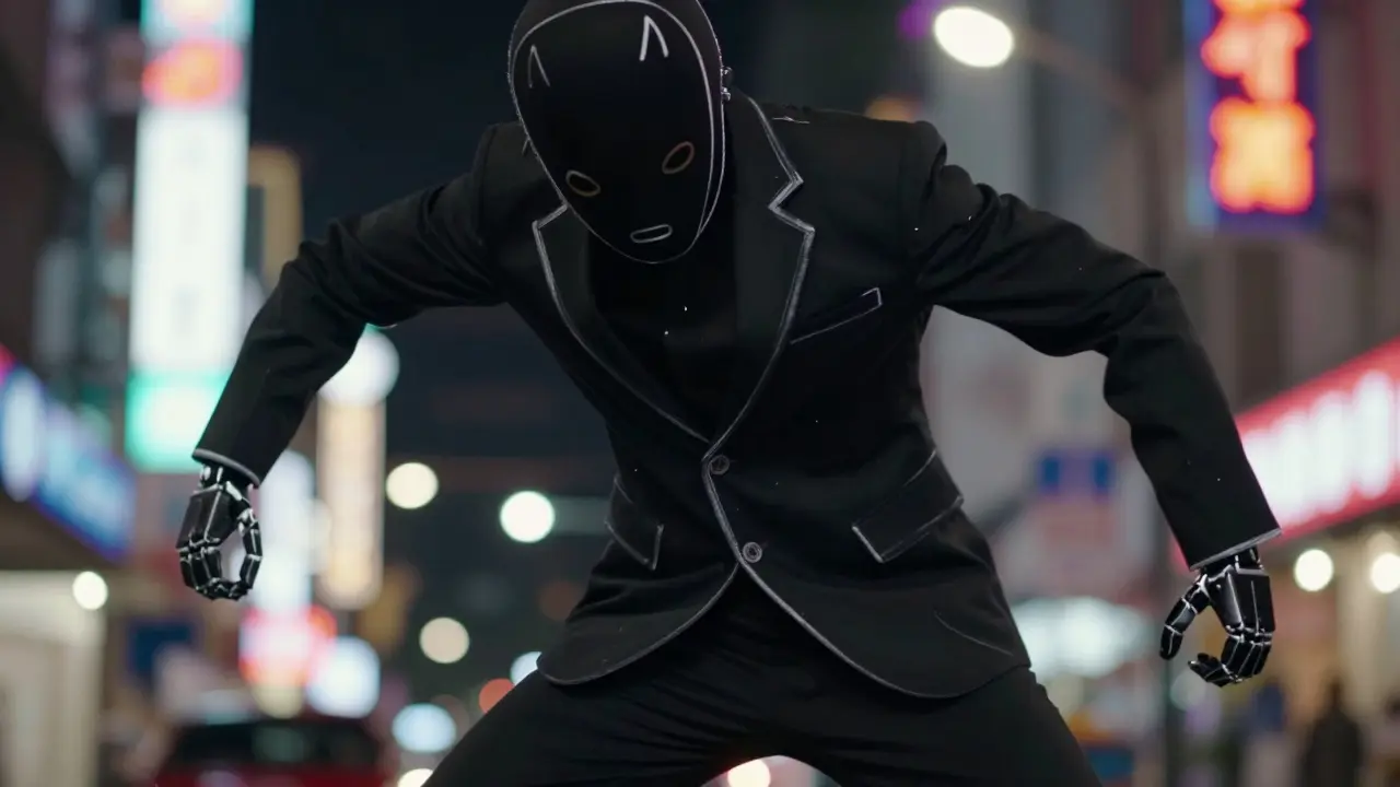 Close up of Stickman performer in black suit with white lines