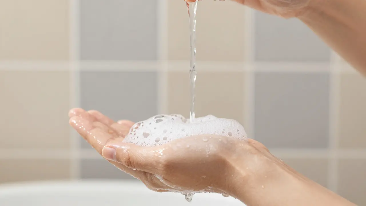 Close-up of water droplets and bubbles on glowing, hydrated skin
