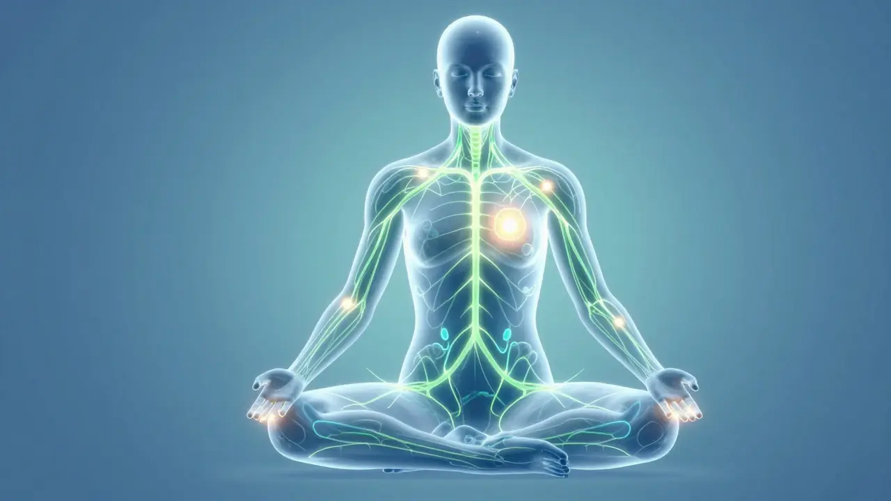 Conceptual art showing neural pathways activating during therapeutic touch.