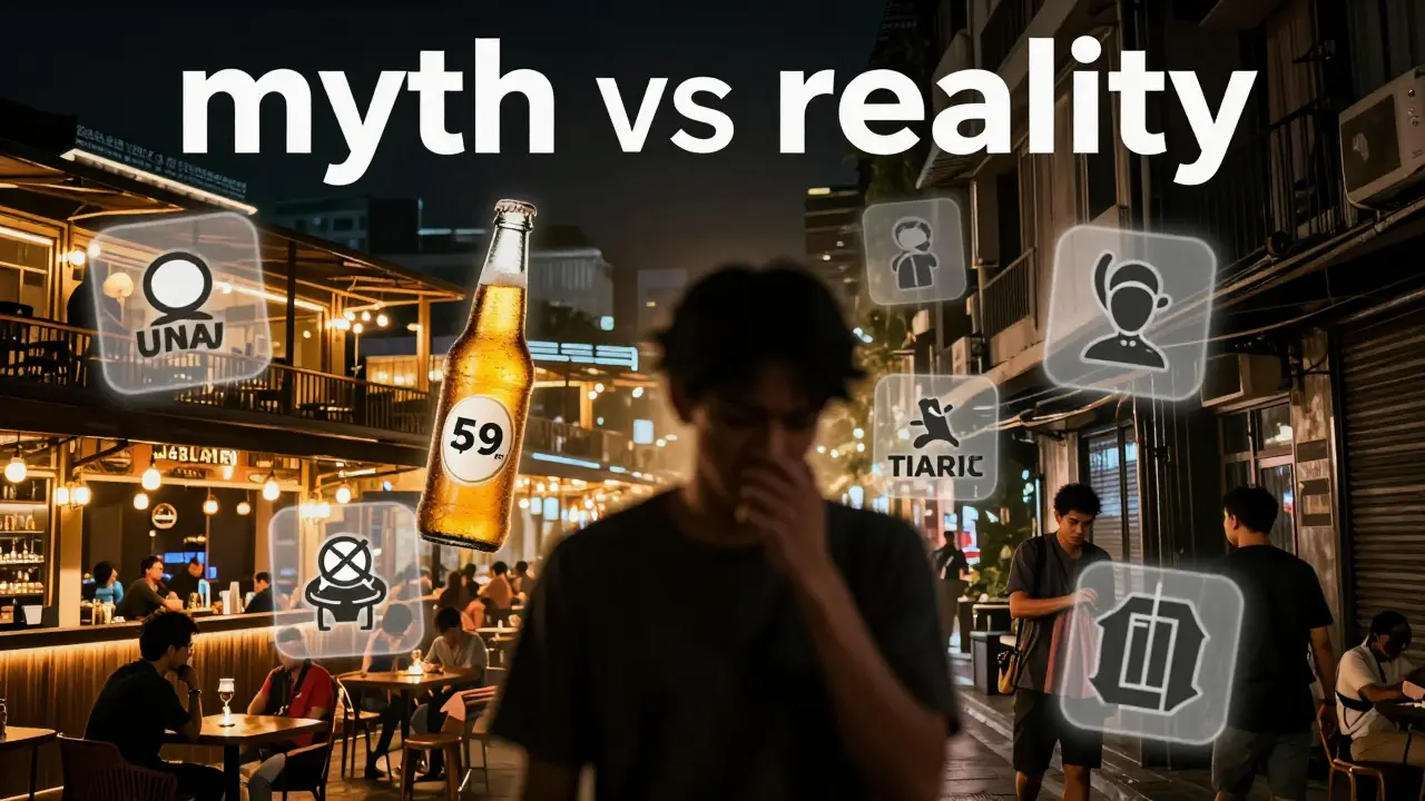 Conceptual art showing nightlife scams versus safe venues in Bangkok