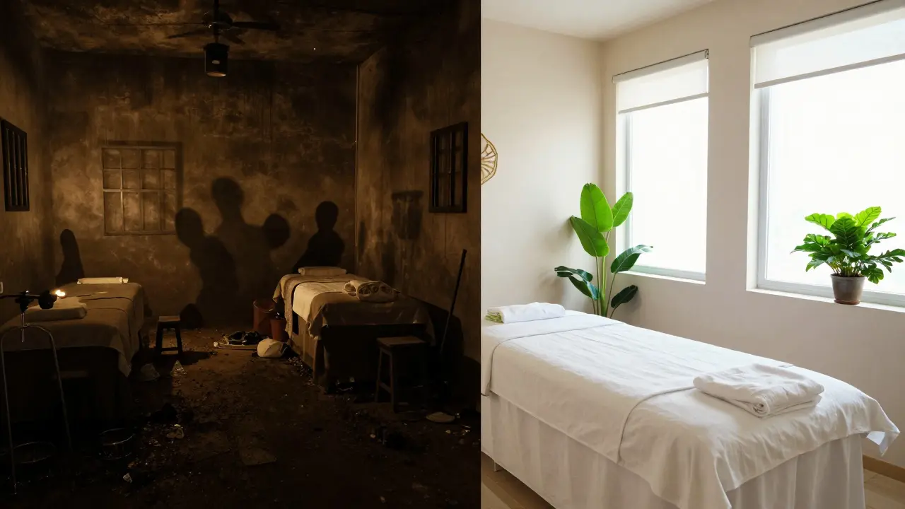 Contrast between dark illegal parlor and bright legitimate spa
