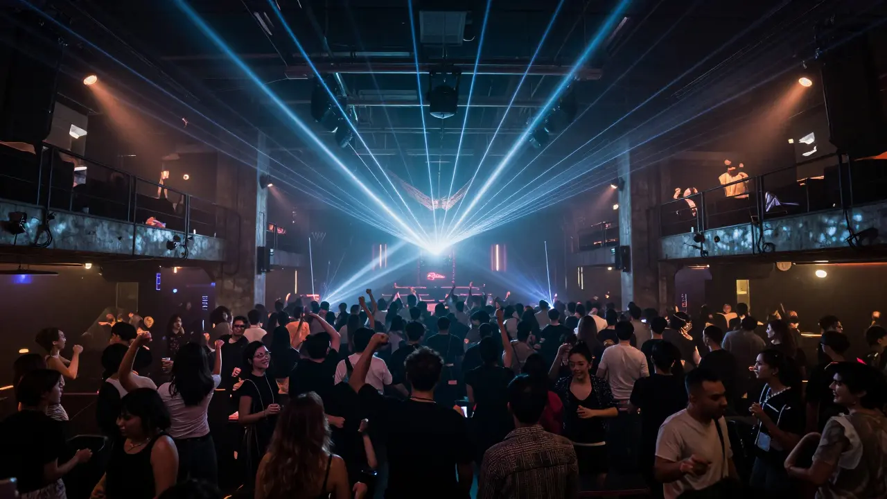 Crowded dance floor inside Baccara nightclub with strobe lights and haze