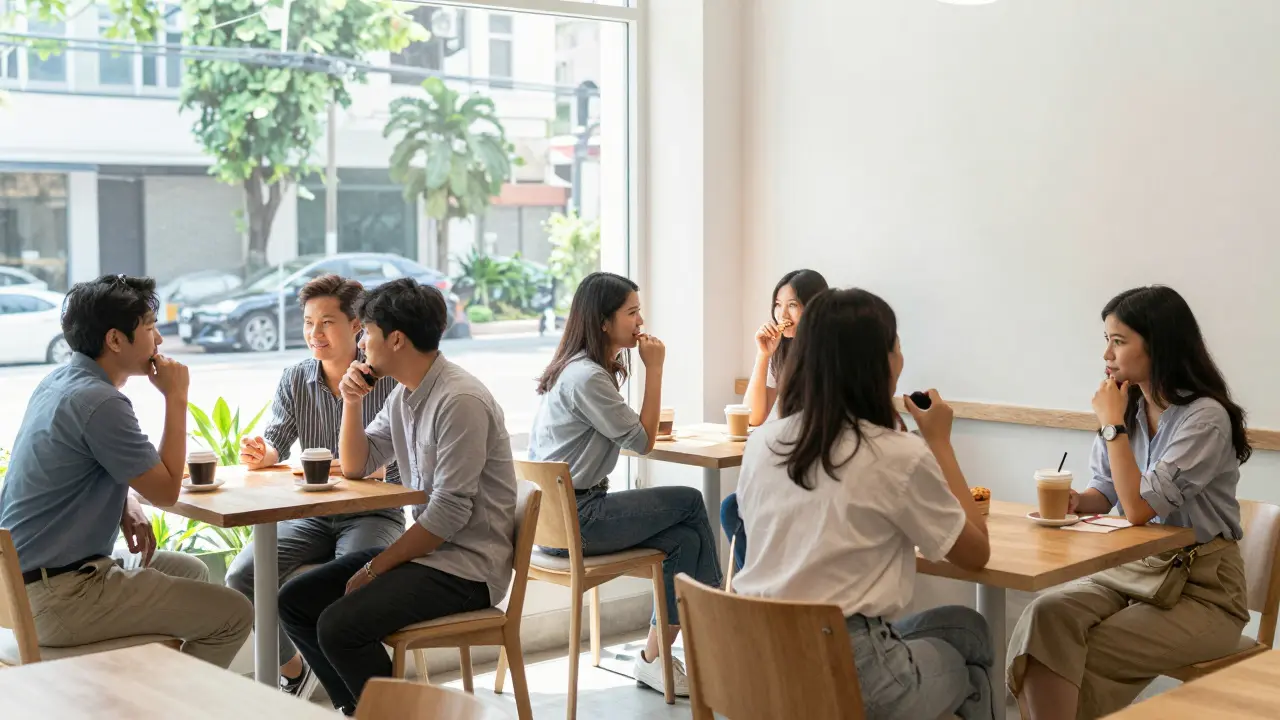 Diverse group chatting casually in a bright, modern Bangkok cafe