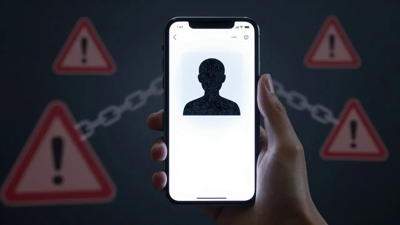 Hand holding phone with obscured profile and warning symbols