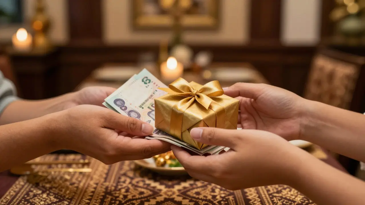 Hands exchanging a gift and money in a warm restaurant setting