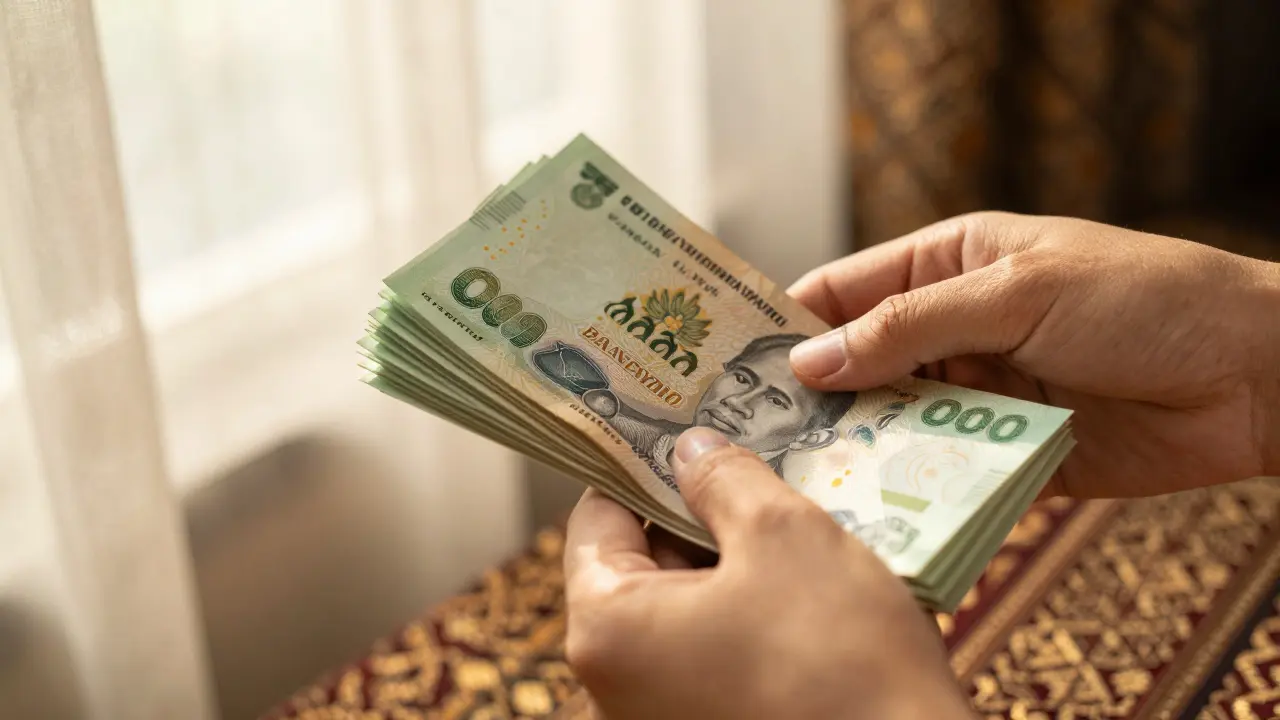 Hands holding Thai Baht notes with cultural background