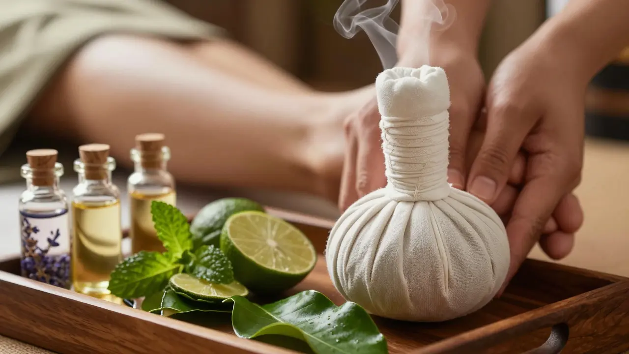 Herbal compresses and essential oils representing alternative Thai wellness therapies.