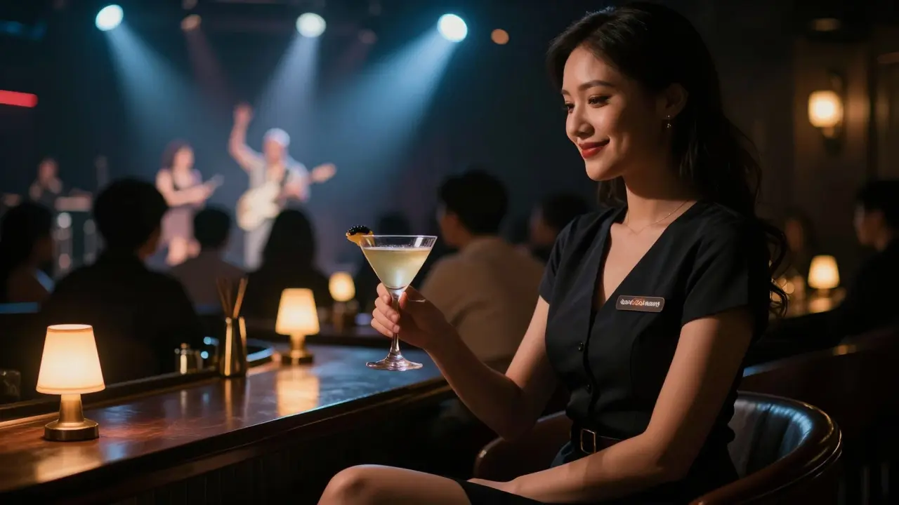 Hostess sitting in a dimly lit go-go bar with a cocktail