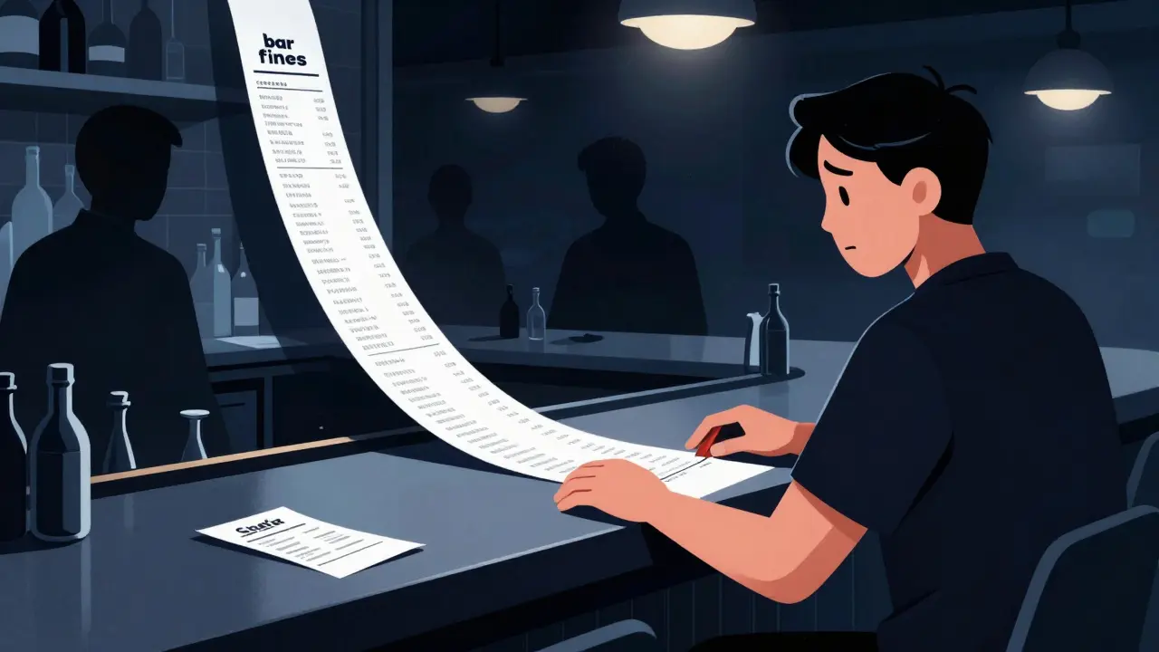 Illustration of a tourist confused by a long bill at a bar