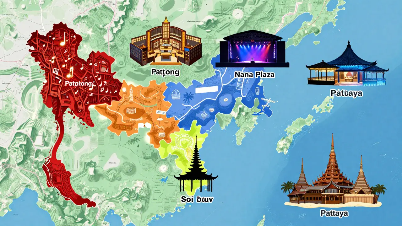 Illustrative map showing distinct vibes of Thai nightlife districts like Patpong and Chiang Mai