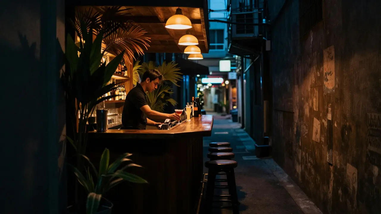 Intimate cocktail bar in a quiet alley near Khaosan Road