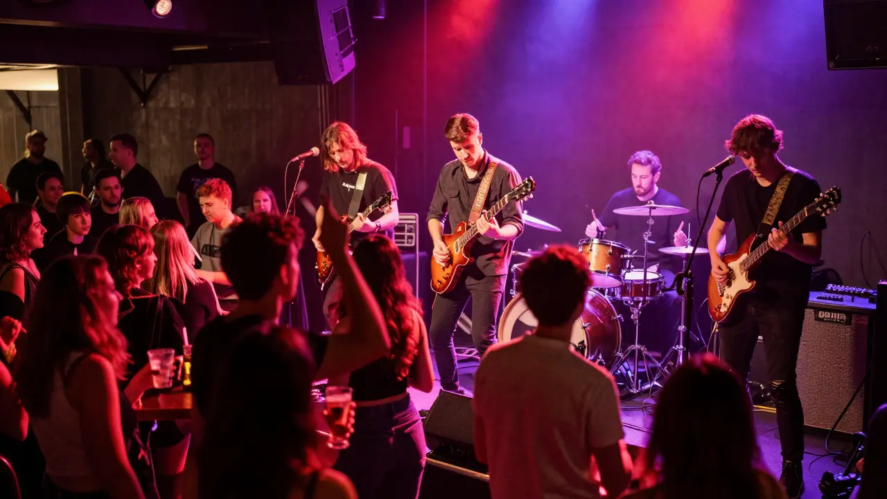 Live band performing energetically on stage with dancing crowd inside club