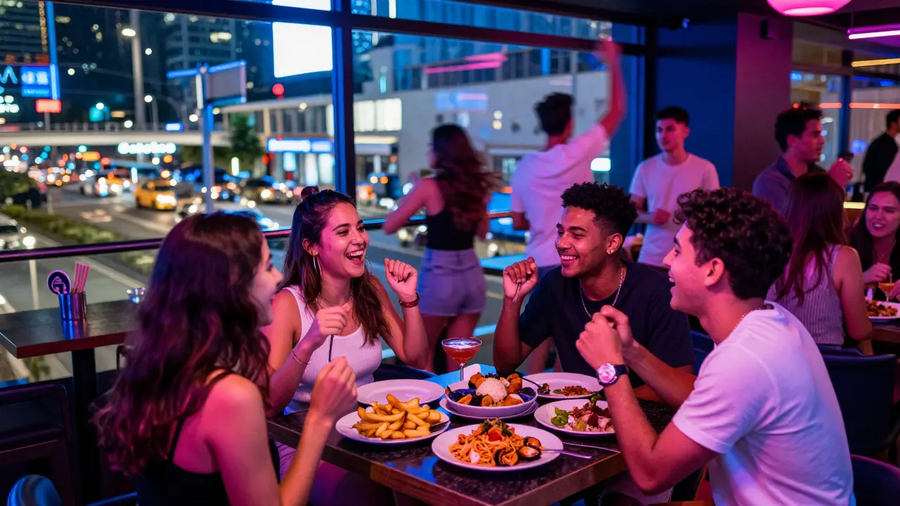 Lively group dining and dancing at Octave Rooftop Lounge with city views