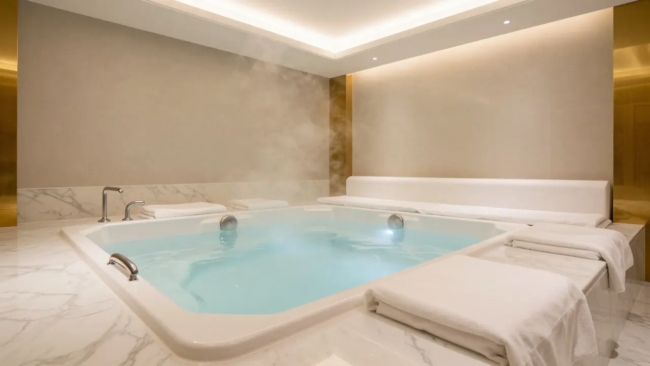 Luxurious empty spa suite with jacuzzi and steam