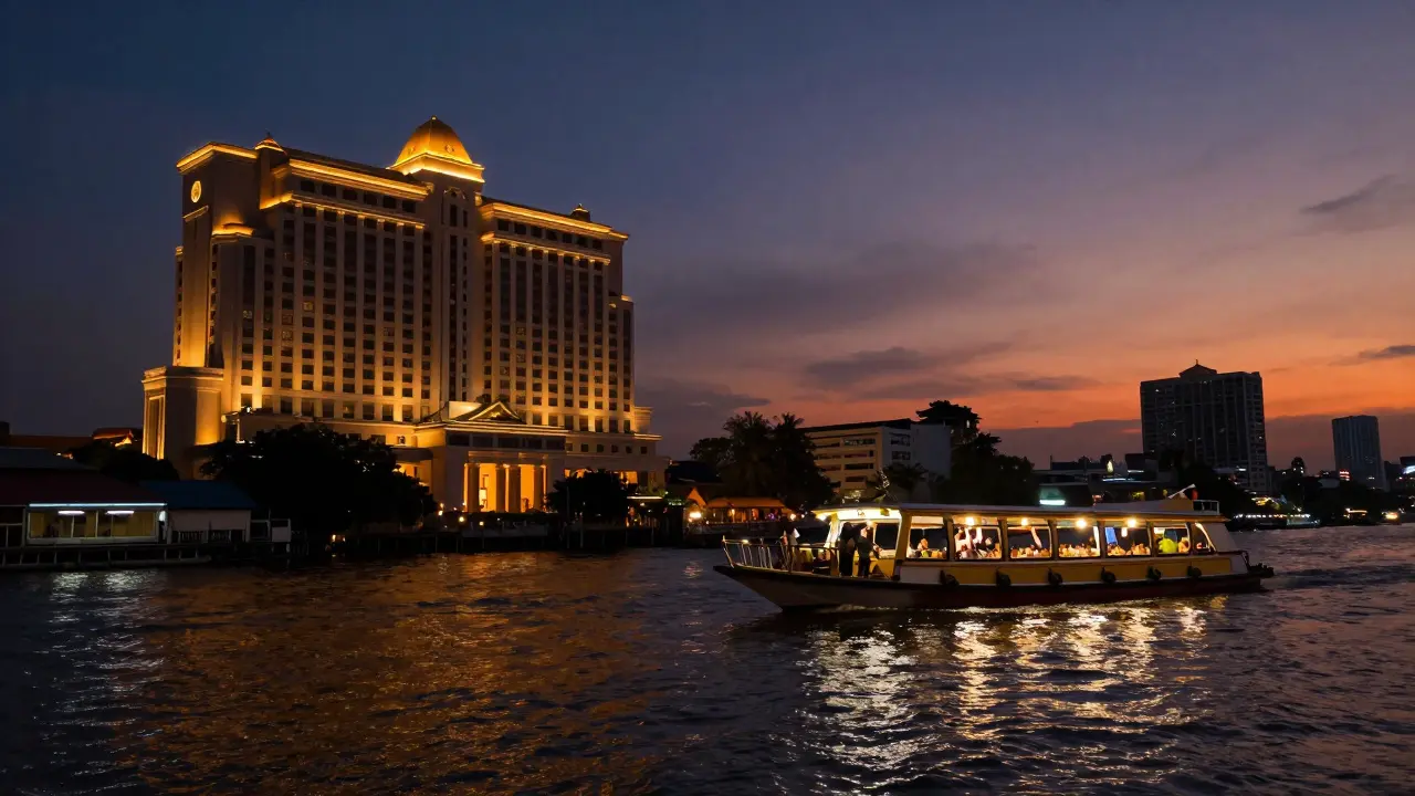 Luxury hotel and dinner cruise on Chao Phraya River at twilight