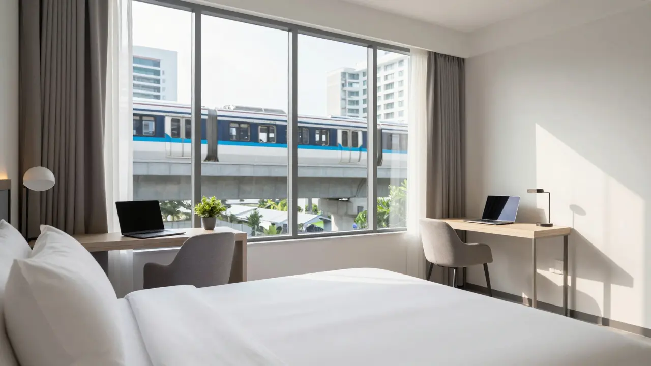 Modern hotel room with BTS Skytrain view in Sukhumvit