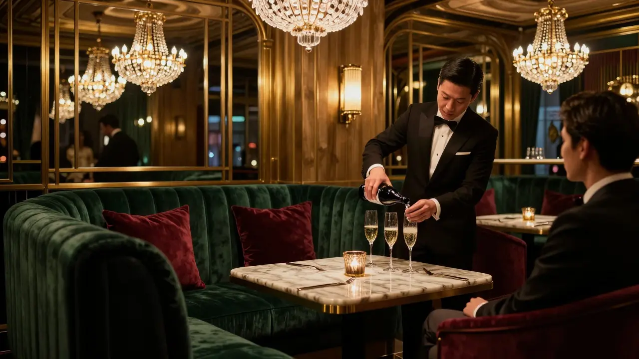 Opulent Art Deco VIP lounge interior with champagne service