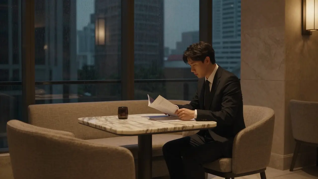 Person sitting discreetly in a luxurious hotel lobby