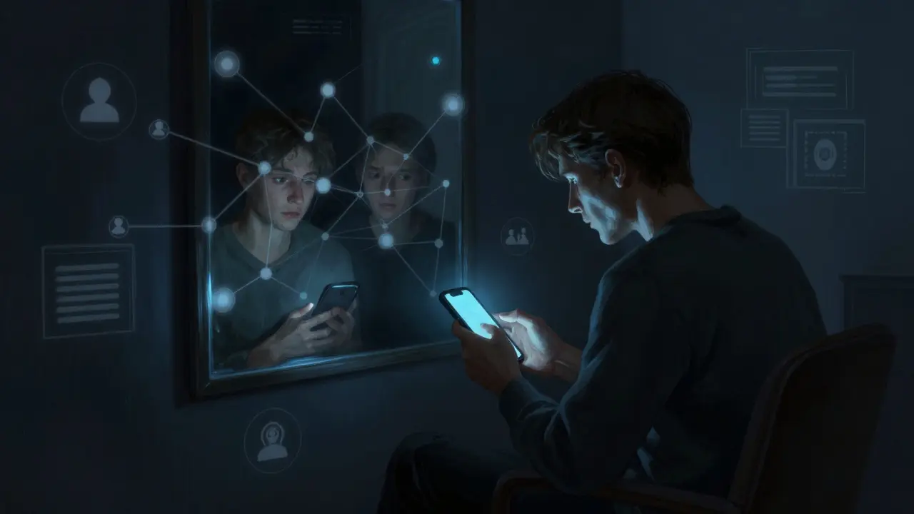 Person staring at phone screen, surrounded by ghostly reflections