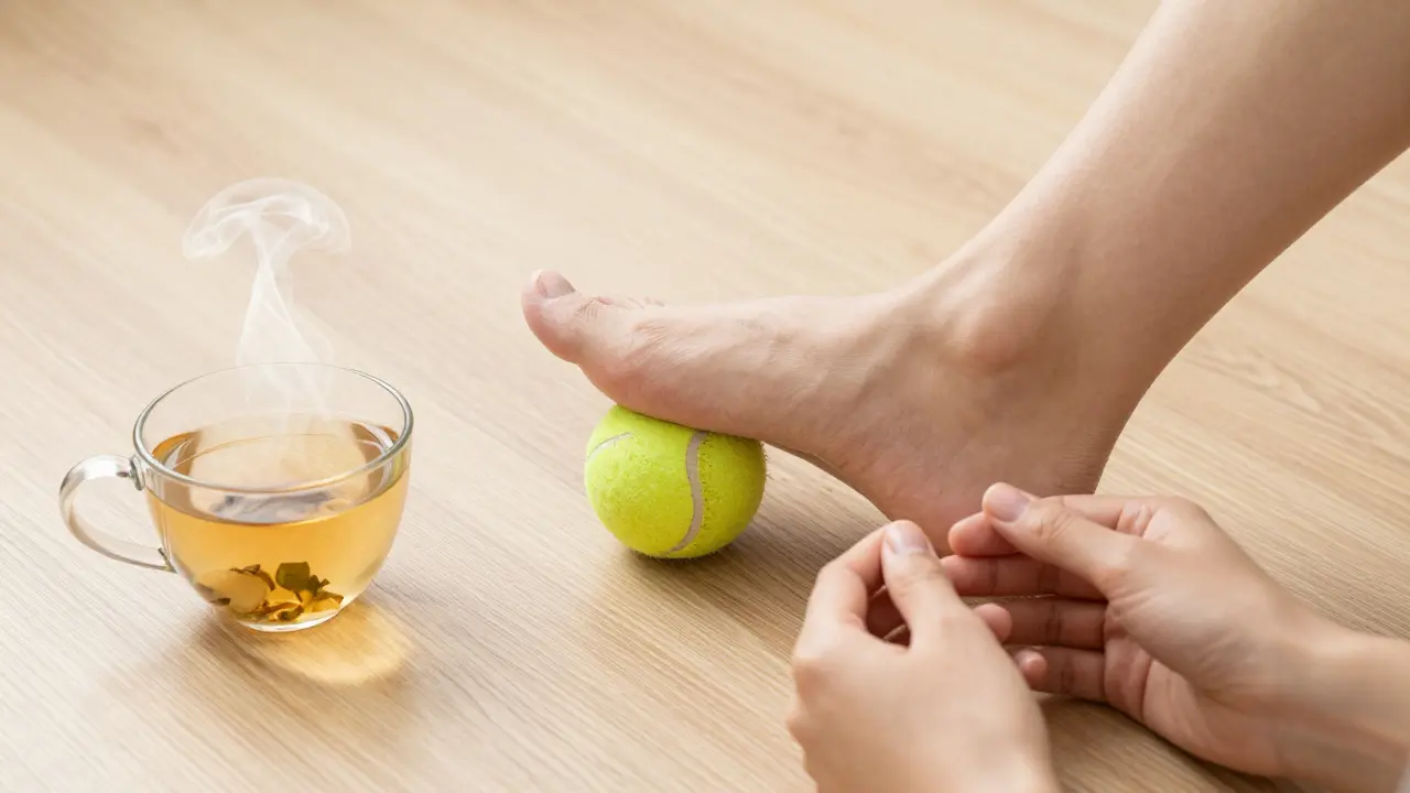 Person using a tennis ball for foot massage and rubbing temples at home.