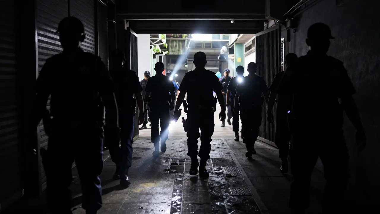 Police officers conducting a raid in a dark alleyway