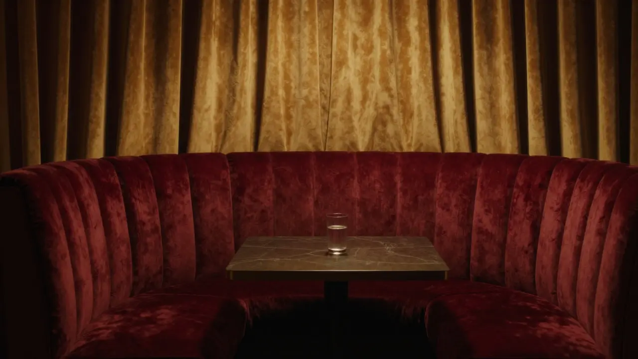 Private, dimly lit booth with plush seating in a secretive lounge