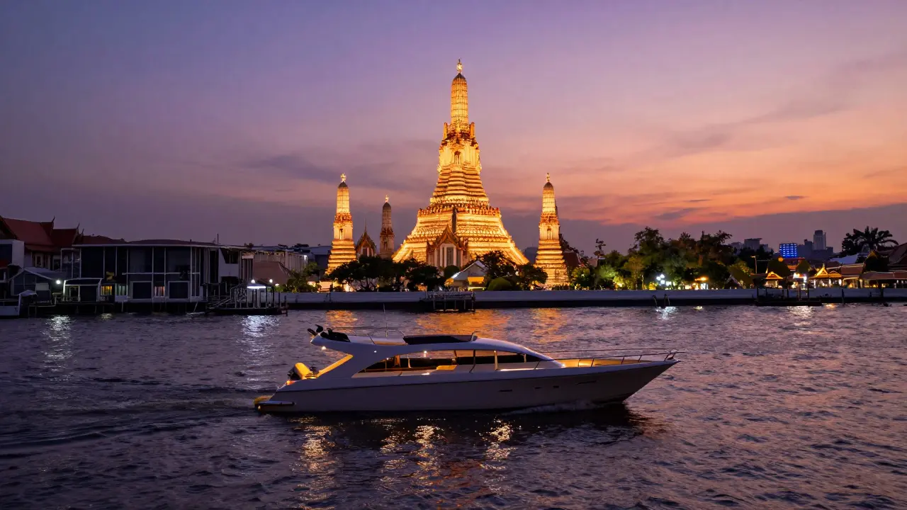 Private yacht on Chao Phraya River with Wat Arun