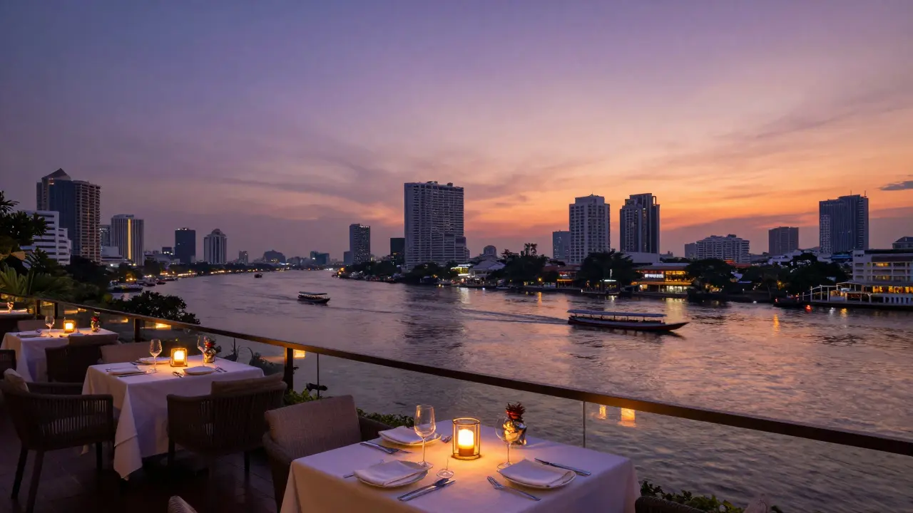 Romantic riverside dinner setup overlooking Chao Phraya