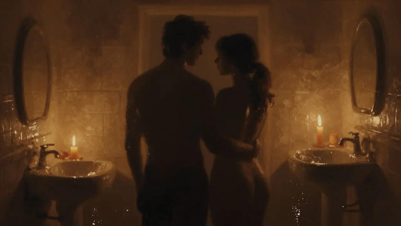 Silhouettes of two people sharing an intimate moment in a steamy room