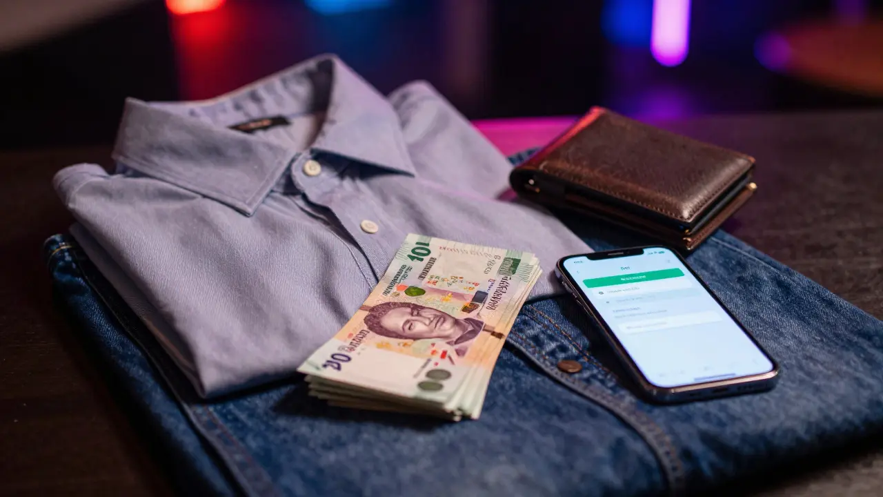 Smart casual clothes, cash for tips, and phone symbolizing safe nightlife etiquette