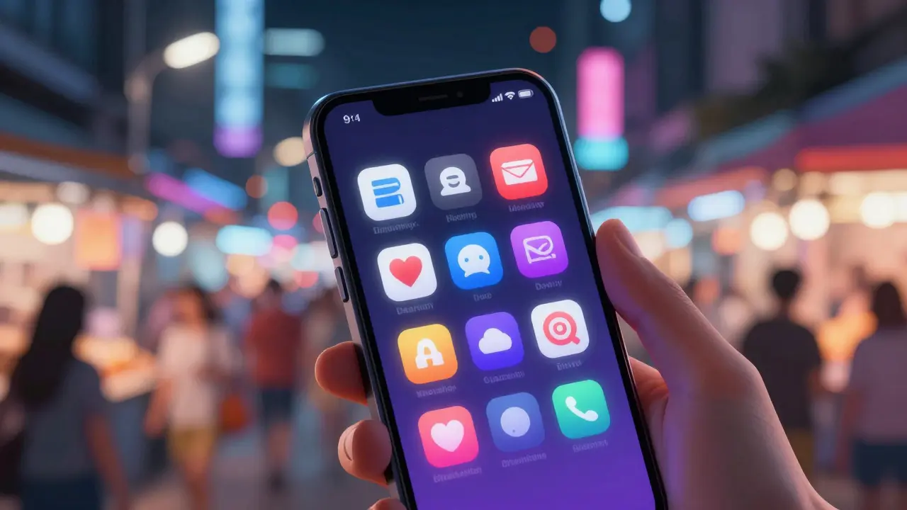 Smartphone showing app icons against blurred Bangkok night market background