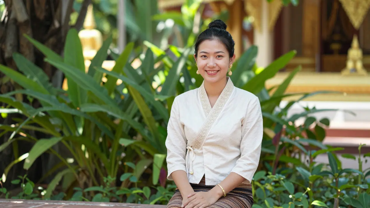 Smiling Thai woman in a serene garden near a temple