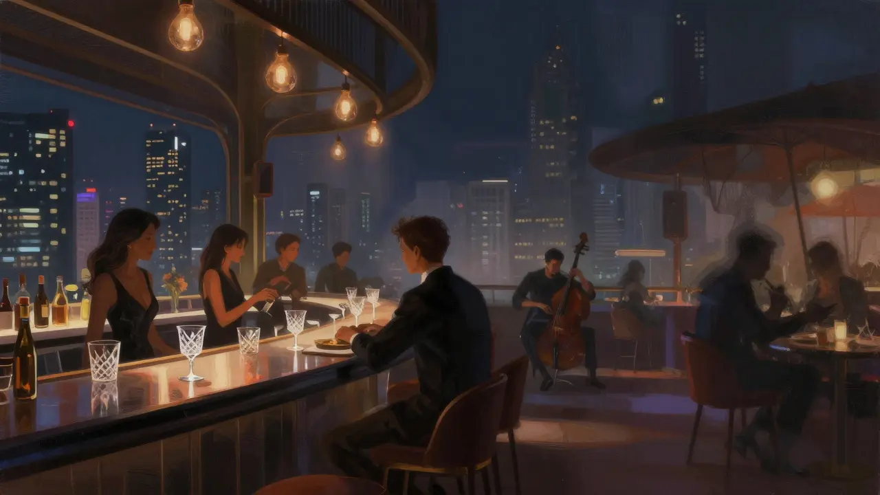 Split illustration contrasting elegant rooftop bars with shadowy nightlife