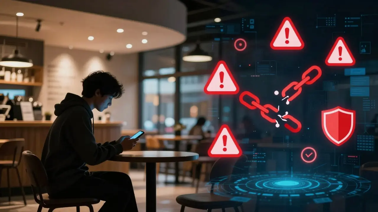 Split image showing safe cafe meeting vs digital risks
