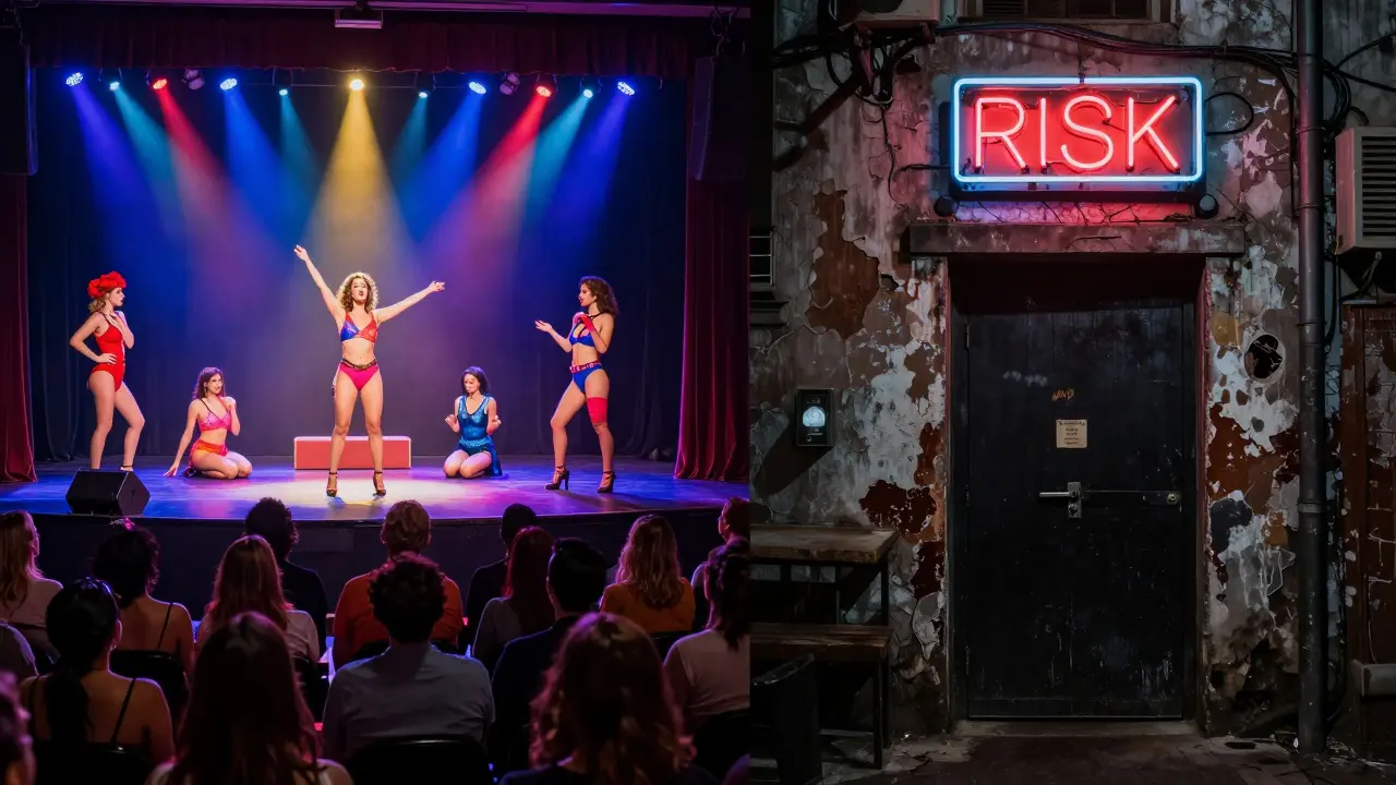Split image showing safe theater stage vs dangerous alleyway