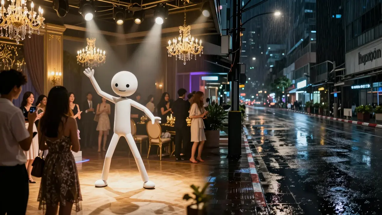 Split image showing Stickman at private event vs empty street