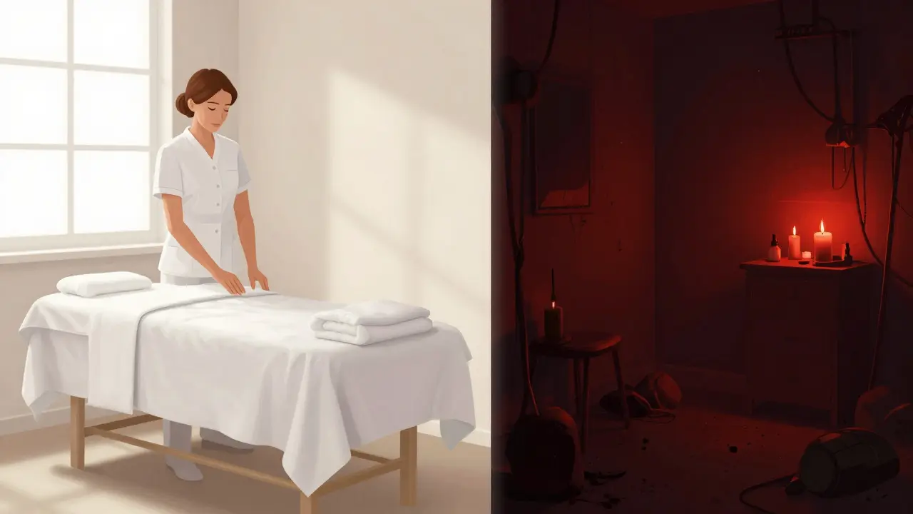 Split view contrasting a clean spa with a dark, risky underground room
