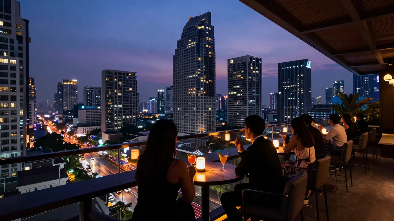 Stylish rooftop bar in Sukhumvit with Bangkok skyline view at dusk
