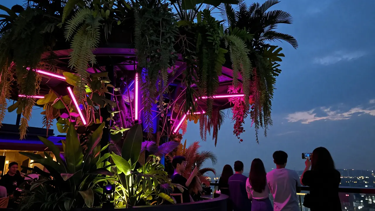 Tichuca Rooftop Bar featuring hanging gardens and vibrant neon lights