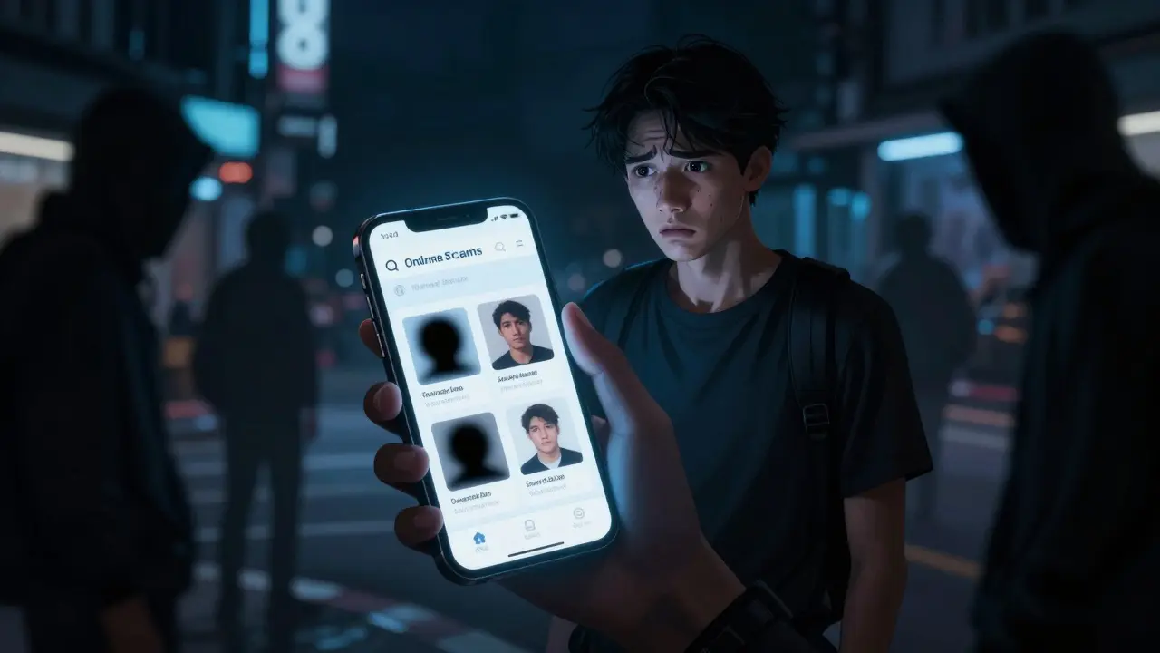 Tourist looking at phone amidst shadows representing scams
