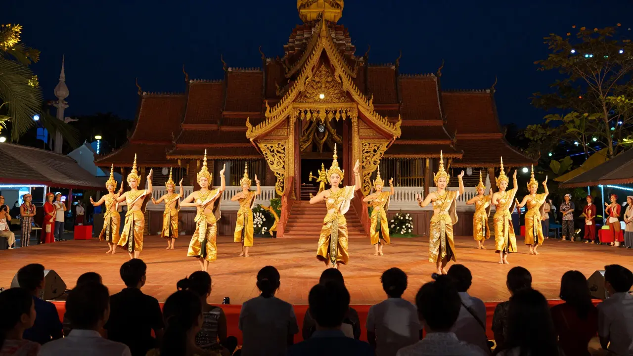 Traditional Thai dancers performing in golden costumes under stage lights