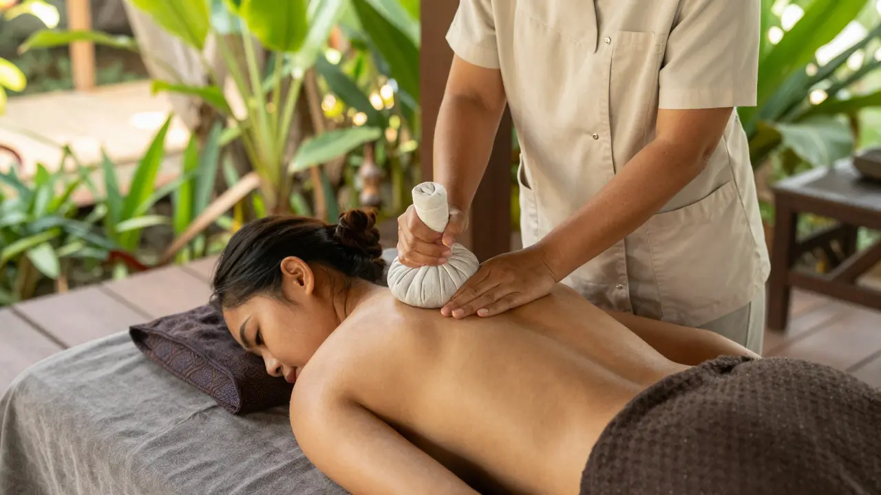 Traditional Thai herbal massage in peaceful garden setting